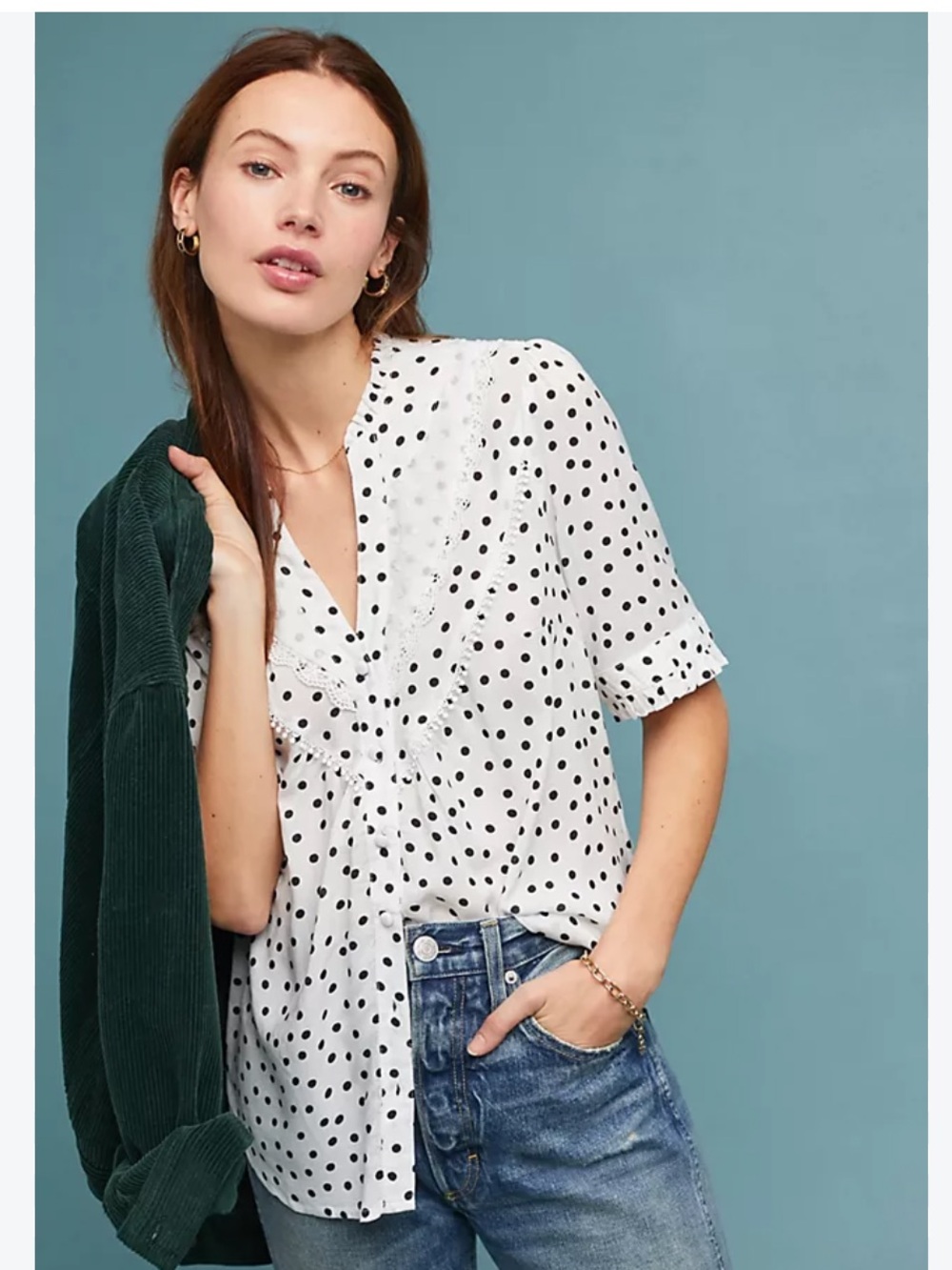 FLAWED! Anthropologie Maeve Polka Dot Lace Button-Front Blouse white black US 6
